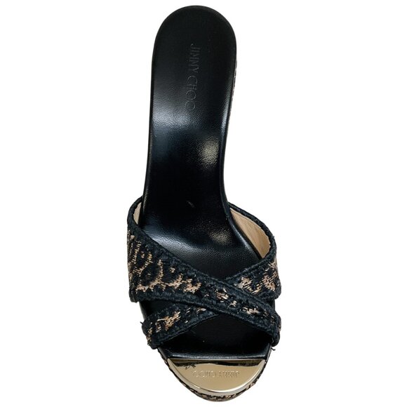Jimmy Choo Black / Tan Leopard Print Raffia Wedge Sandals - Picture 4 of 6